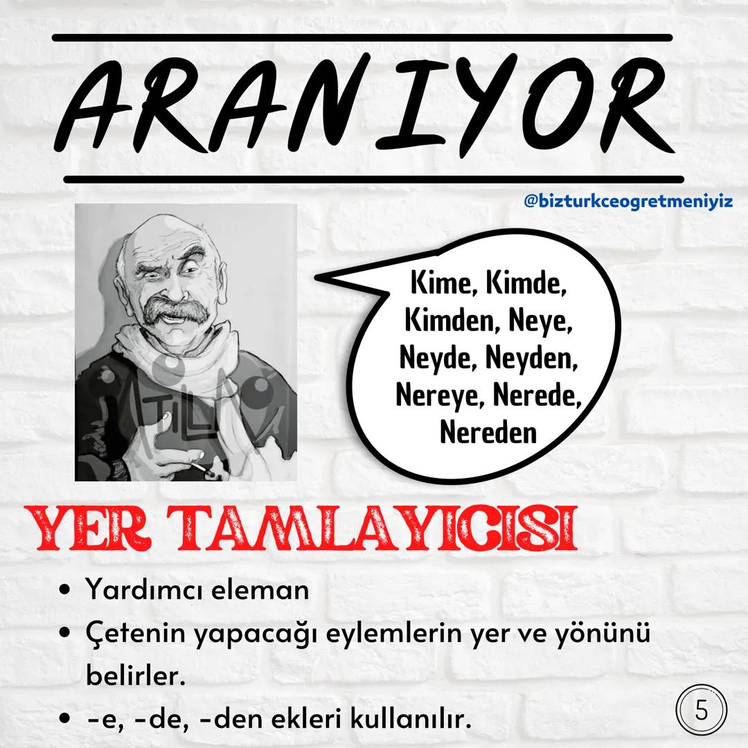 # CÜMLENİN
## ÖGELERİ
1
@bizturkceogretmeniyiz ARANIYOR
@bizturkceogretmeniyiz
YÜKLEM
• Çete lideri
• İş, oluş, hareket planlar.
• C