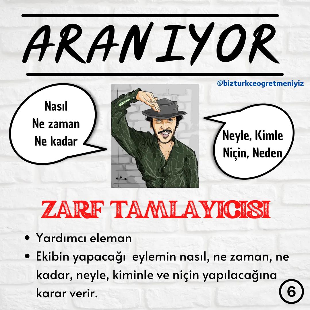 # CÜMLENİN
## ÖGELERİ
1
@bizturkceogretmeniyiz ARANIYOR
@bizturkceogretmeniyiz
YÜKLEM
• Çete lideri
• İş, oluş, hareket planlar.
• C