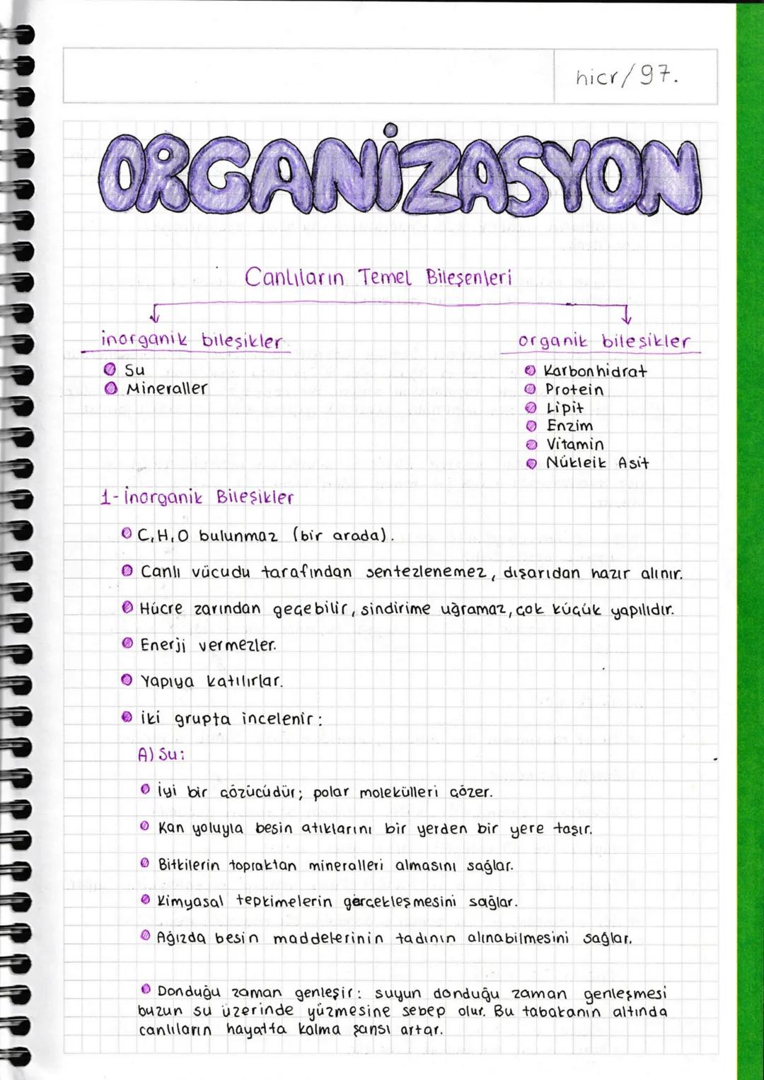 hicr/97.
# ORGANİZASYON
Canlıların Temel Bileşenleri
inorganik bileşikler
- Su
- Mineraller
organik bile sikler
- Karbonhidrat
- Protein