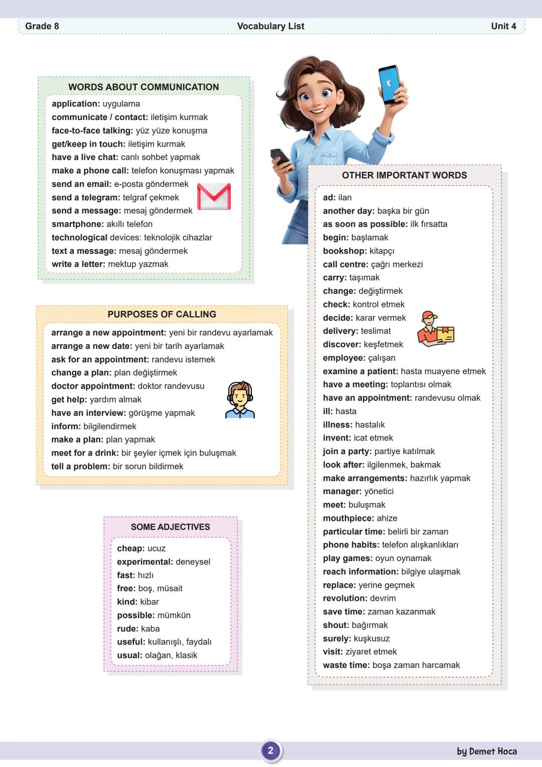 Grade 8
Vocabulary List
Unit 4
PHONE CONVERSATIONS
Hello! Jack speaking.
(Merhaba! Ben Jack.)
Please tell him to meet me at 6 o'clock tomo