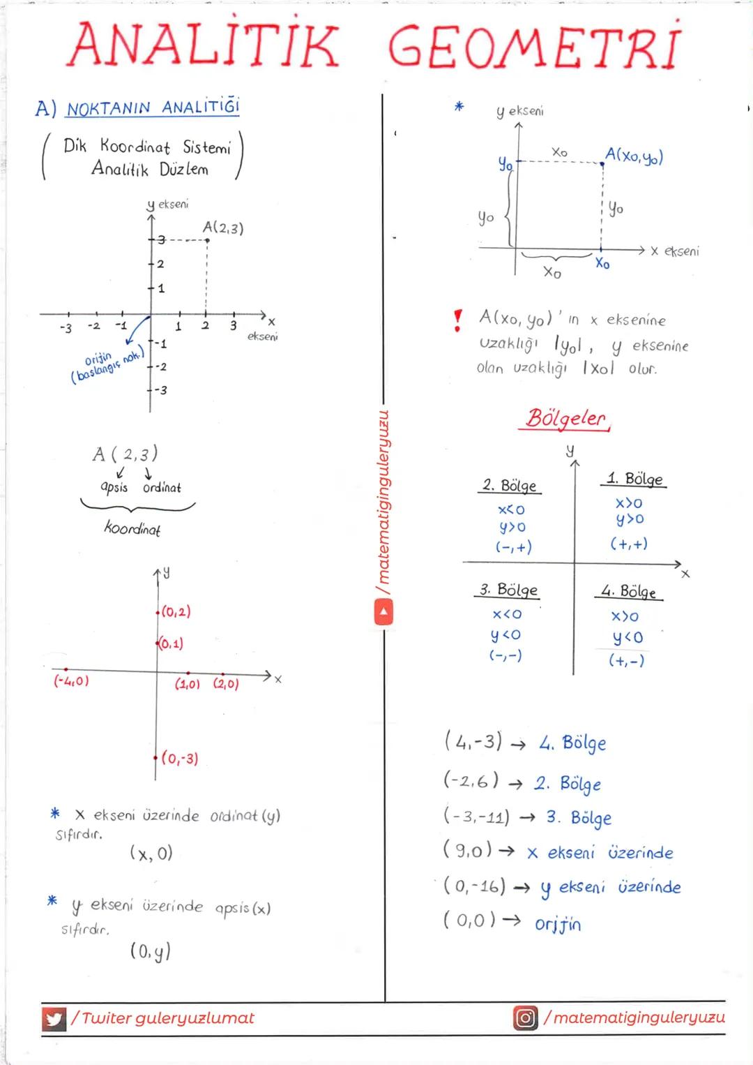 # ANALİTİK GEOMETRİ
A) NOKTANIN ANALİTİĞİ
(Dik Koordinat Sistemi
Analitik Düzlem)
* y ekseni
Xo
Yo
A(xo, yo)
Yo
Yo
A(2,3)
3
→x eksen