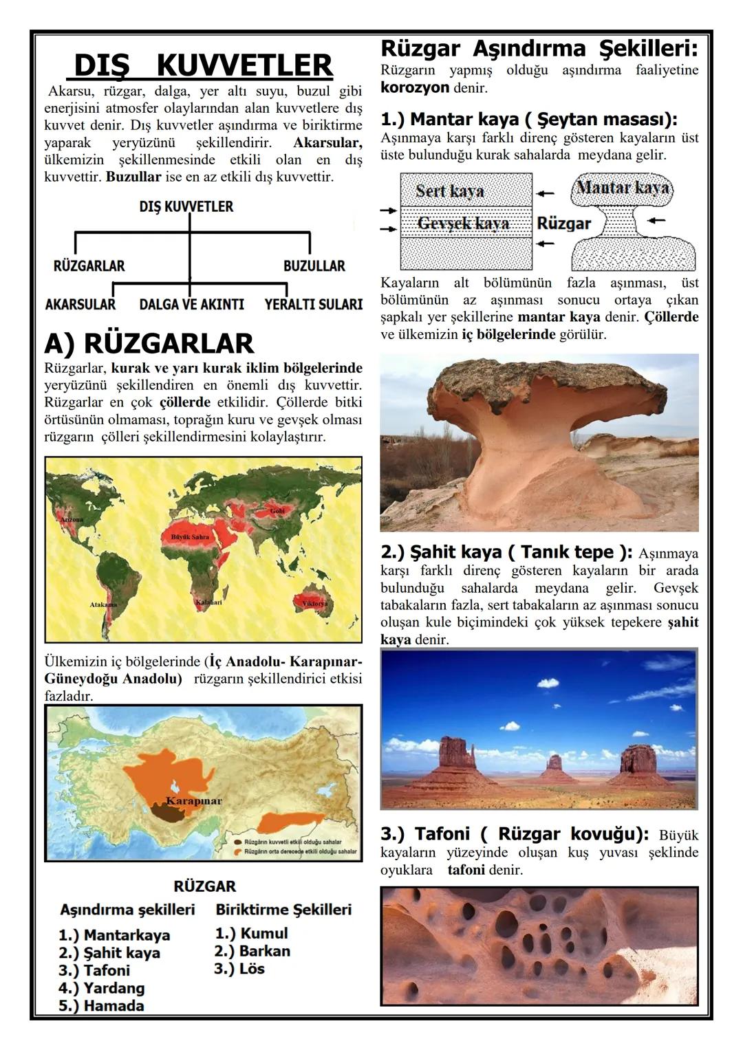 DIŞ KUVVETLER
Akarsu, rüzgar, dalga, yer altı suyu, buzul gibi
enerjisini atmosfer olaylarından alan kuvvetlere dış
kuvvet denir. Dış kuvve