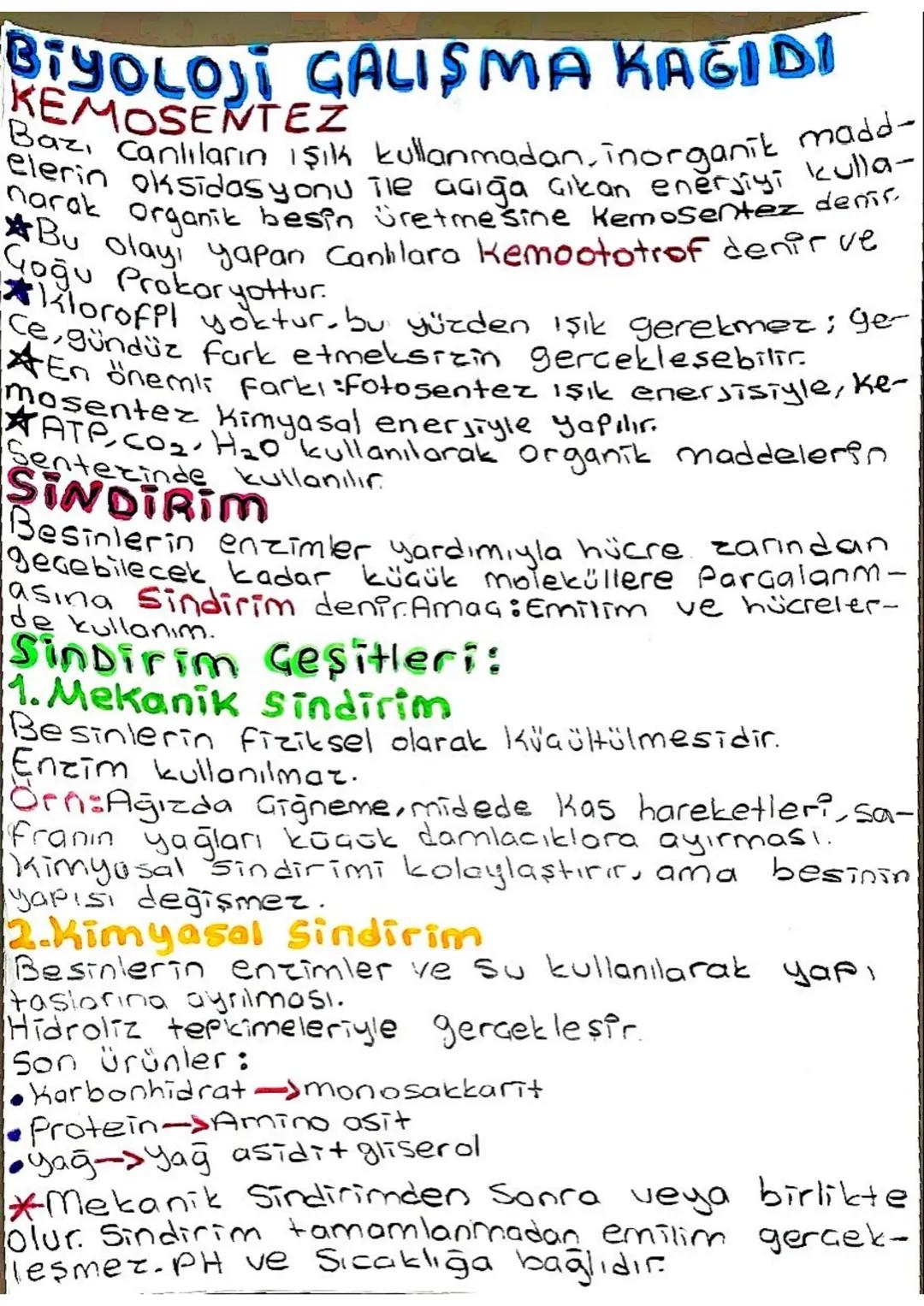 # BİYOLOJİ ÇALIŞMA KAĞIDI
KEMOSENTEZ
Bazı Canlıların ışık kullanmadan, inorganik madd-
elerin oksidas y onu ile açığa çıkan enerjiyi kull