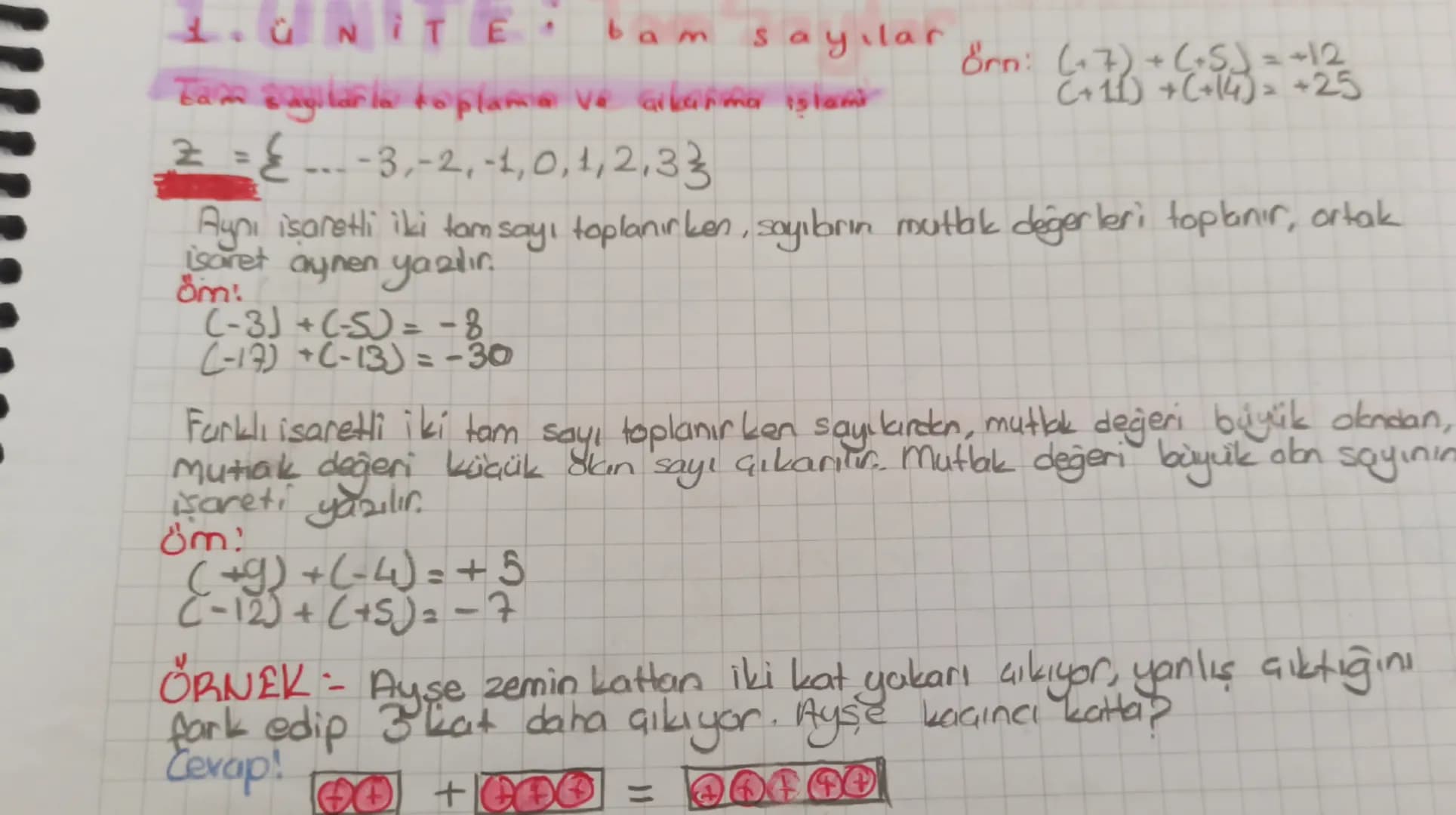# LÜNİTE
bam sayılar
örn: $(+7)+(+5)=+12$
$(+11)+(+14)=+25$
## Tam Sayılarla toplama ve çıkarma işlemi
$Z = \{..., -3,-2,-1,0,1,2,3\}$
Aynı