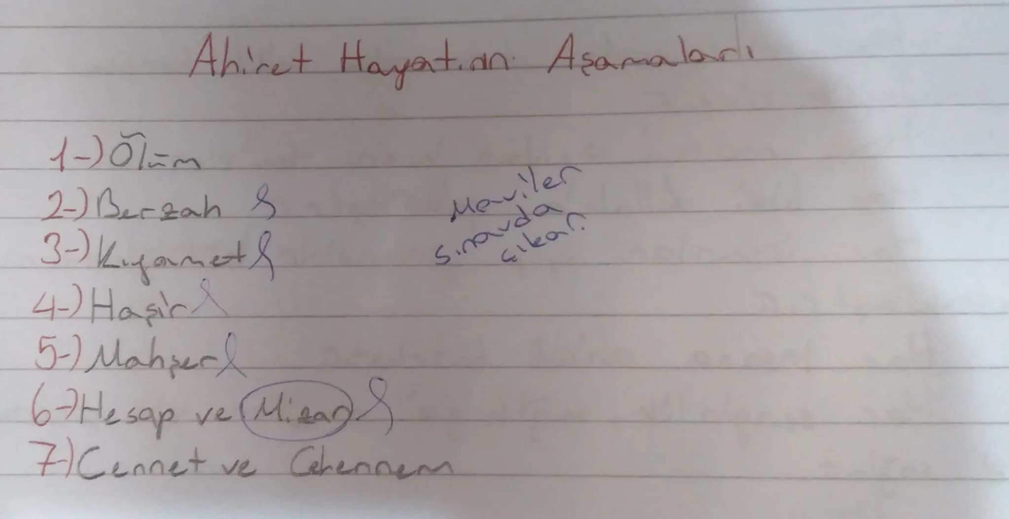 # Ahiret Hayatın Aşamaları
1-) Ölüm
2-) Berzah S
3-) Kıyamet S
4-) Haşir
5-) Mahşer
6-) Hesap ve (Mizan) S
Meviler
Sınavda
çıkan
7) Cennet v