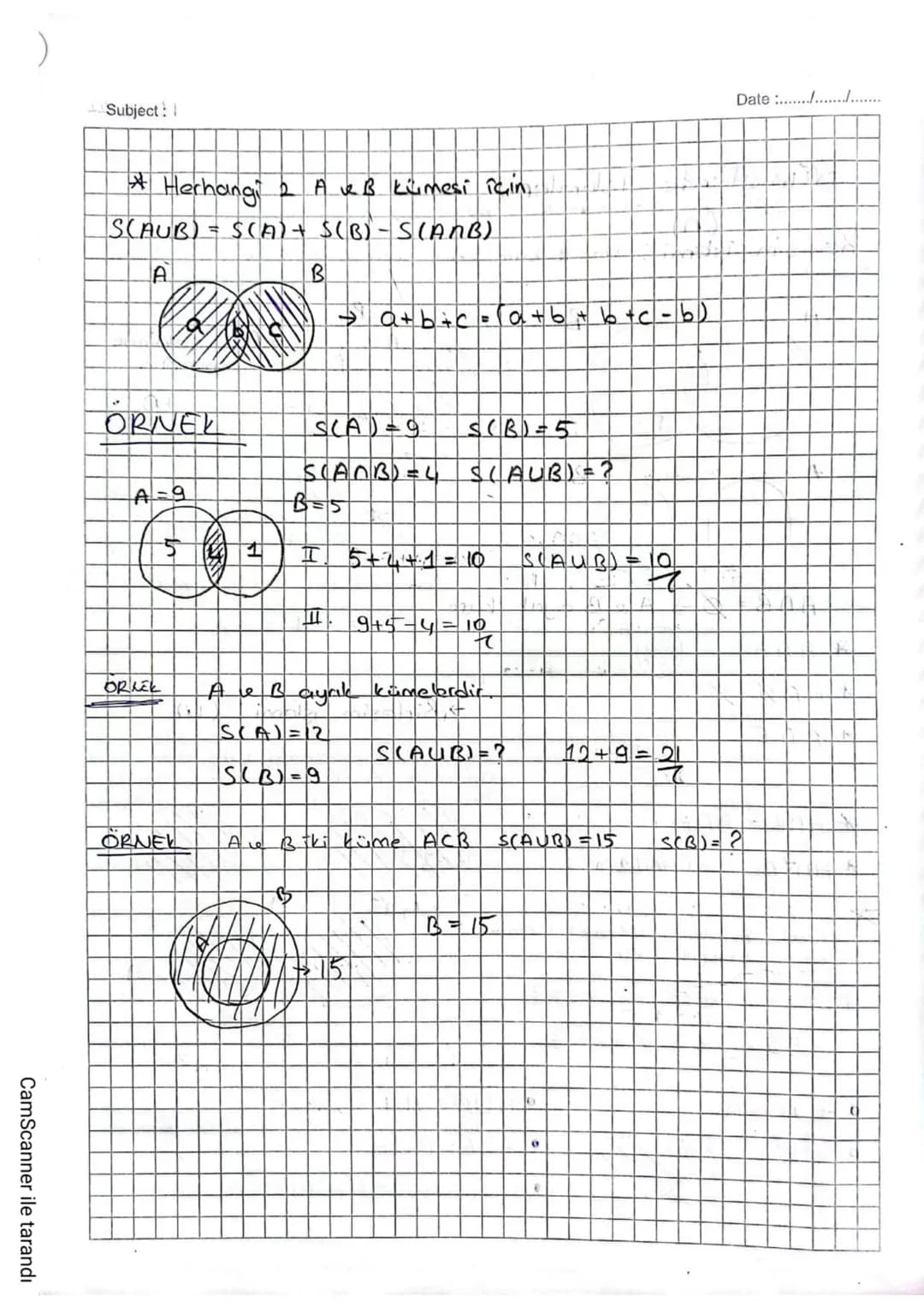 Date: 18.10.22
Subject:
# Kümelerde İşlemler:
(n)
Kesişim işlemi: A ve B kümelerinin ortak elemanlarının küme
- sidir.
A $\cap$ B şeklinde
g