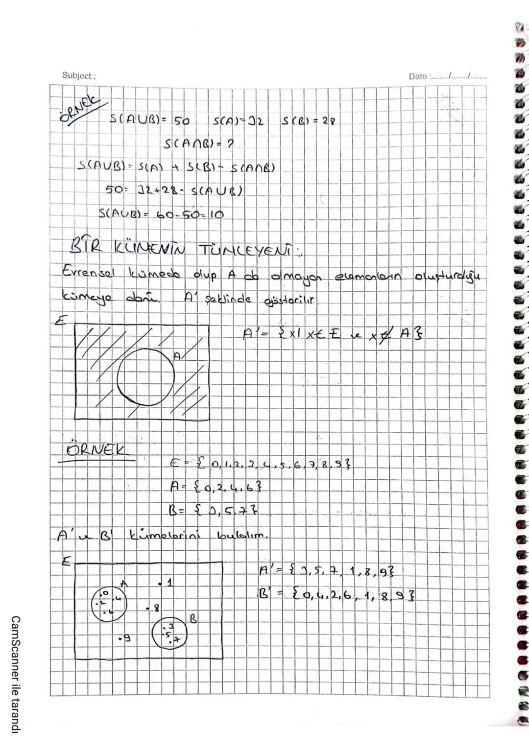 Date: 18.10.22
Subject:
# Kümelerde İşlemler:
(n)
Kesişim işlemi: A ve B kümelerinin ortak elemanlarının küme
- sidir.
A $\cap$ B şeklinde
g