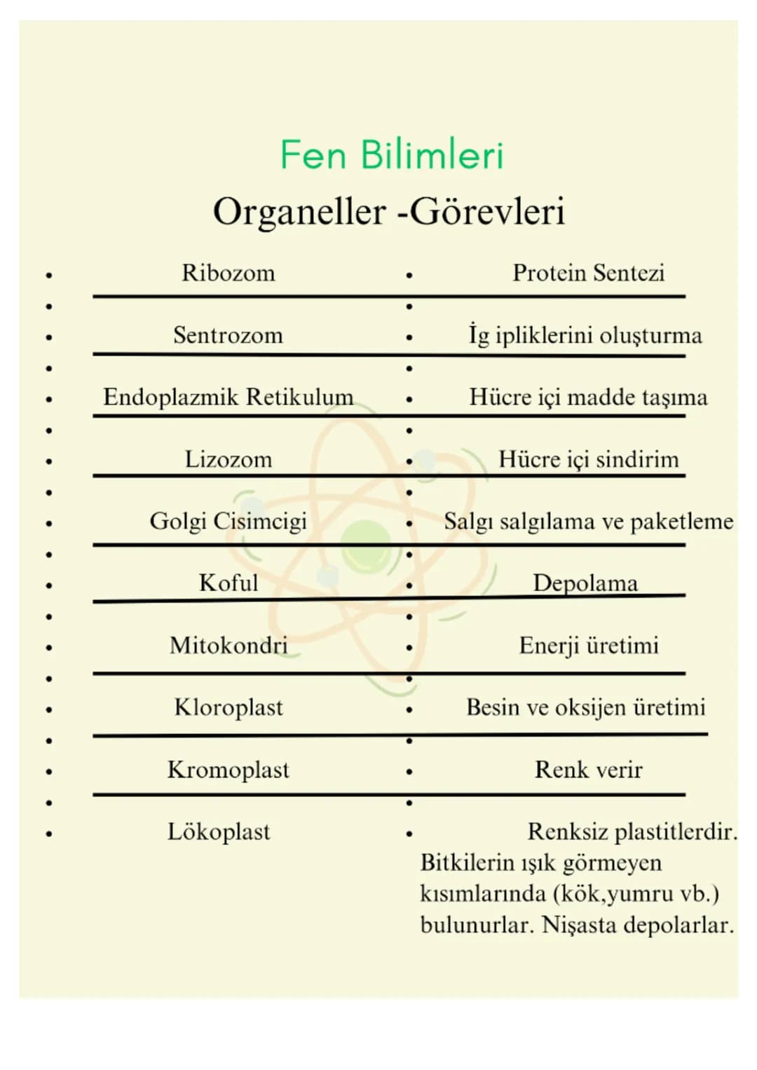 # Fen Bilimleri
## Organeller -Görevleri
- Ribozom: Protein Sentezi
- Sentrozom: İğ ipliklerini oluşturma
- Endoplazmik Retikulum: Hücre içi