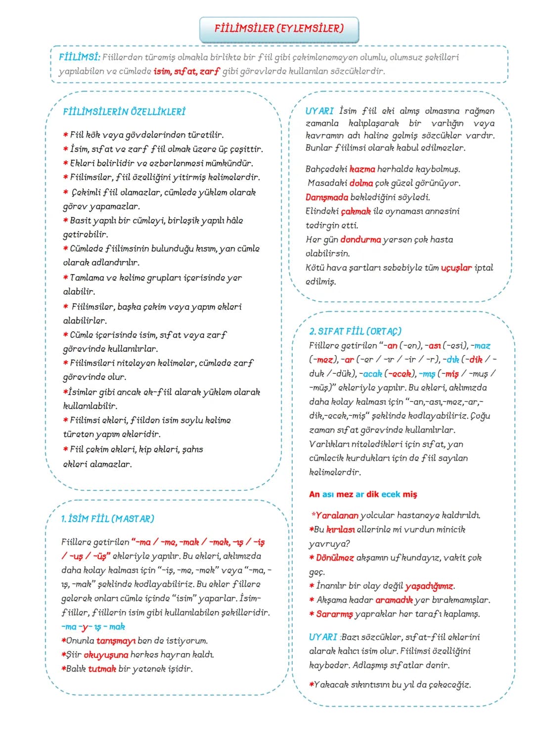 TÜRKÇE
8.SINIF
DERS
NOTLARI
ADNAN BARAN
ÖNER # FİİLİMSİLER (EYLEMSİLER)
FİİLİMSİ: Fiillerden türemiş olmakla birlikte bir fiil gibi çekim