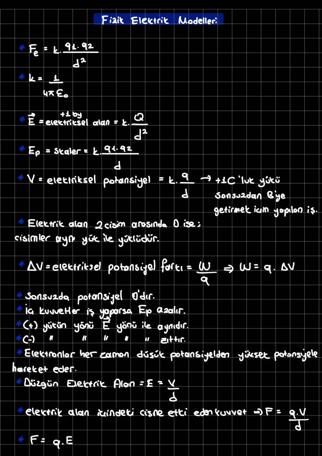# Fizik Elektrik Modeller:
* $F_e = k \frac{q_1 q_2}{d^2}$
* $k = \frac{1}{4\pi\epsilon_0}$
* +1 C
* $\vec{E} = \text{elektriksel alan} = k