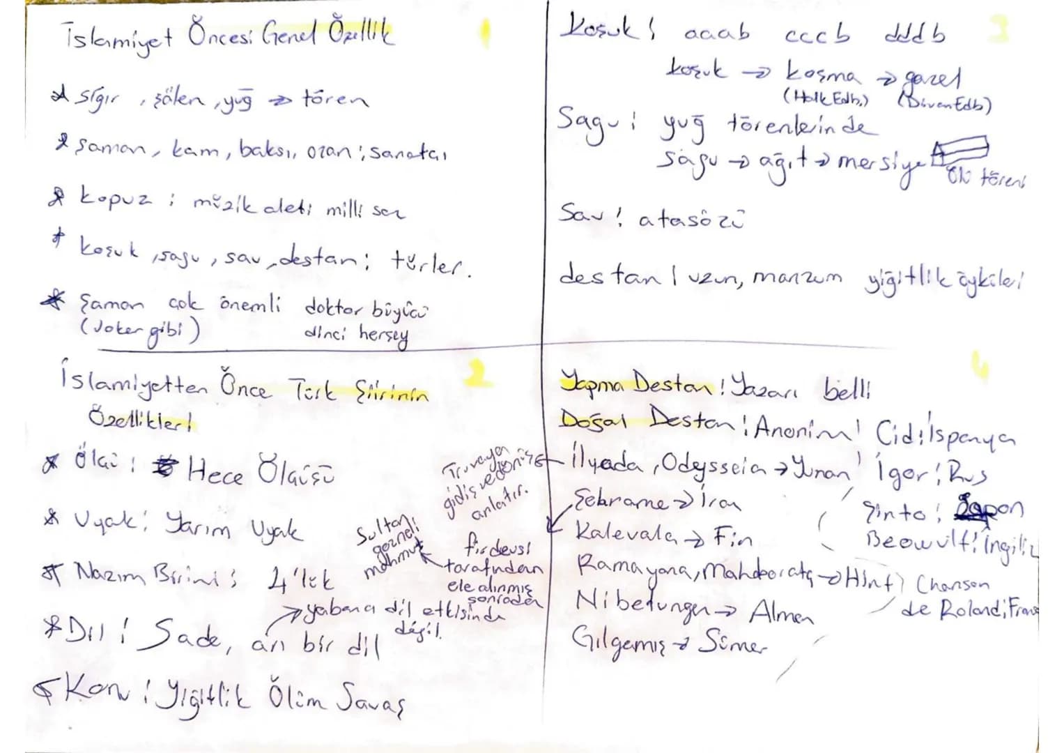# İslamiyet Öncesi Genel Özellik
* Sığır, şölen, yuğ $\rightarrow$ tören
* Şaman, kam, baksı, ozan; sanatçı
* Kopuz: müzik aleti, milli saz