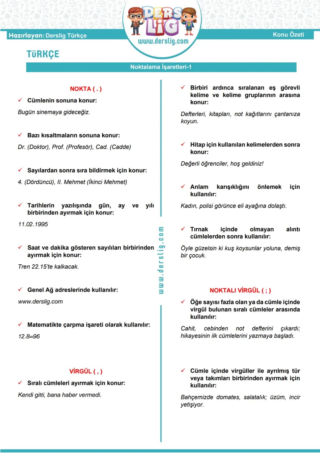 Hazırlayan: Derslig Türkçe
DERS LIG
www.derslig.com
Konu Özeti
# TÜRKÇE
## Noktalama İşaretleri-1
### NOKTA (.)
- Cümlenin sonuna konur: