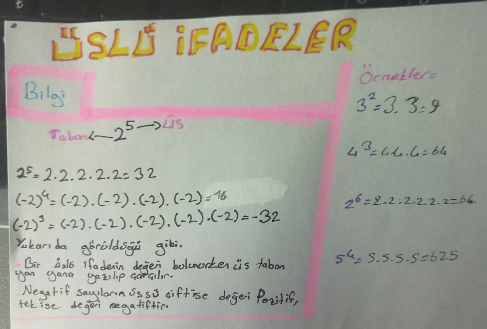 # ÜSLÜ İFADELER
## Bilgi
Taban $\leftarrow 2^5 \rightarrow$ Üs
$2^5 = 2 \cdot 2 \cdot 2 \cdot 2 \cdot 2 = 32$
$(-2)^4 = (-2) \cdot (-2)