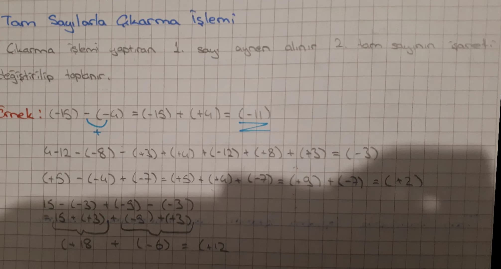 Tam Sayılarla Çıkarma İşlemi
Çıkarma işlemi yaptıran 1. sayı aynen alınır 2. tam sayının işareti
değiştirilip toplanır.
Örnek: $(-15) - (-4)