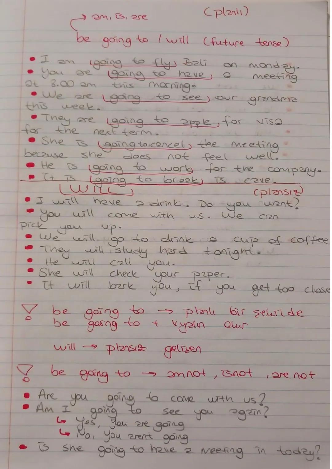 - $\rightarrow$ am, is, are (planlı)
be going to I will (future tense)
- I am (going to fly) Bali on monday.
- you are (going to have) a m