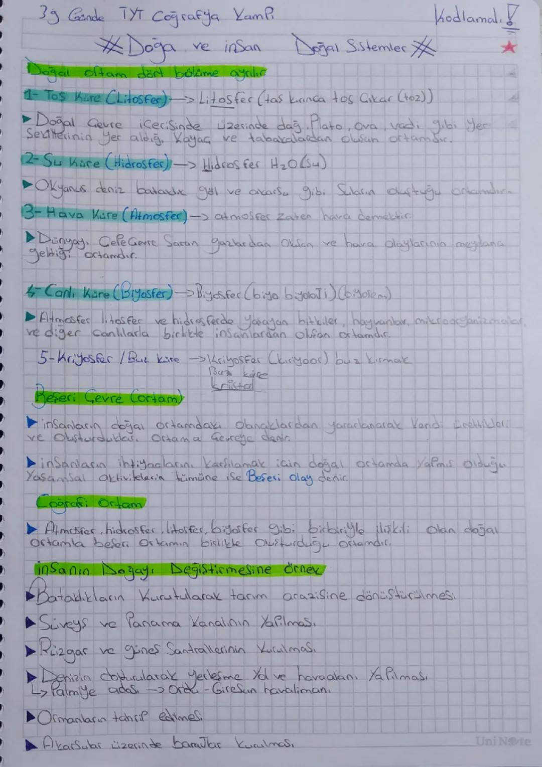 39 Günde TYT Coğrafya Yampi
#Doğa ve insan Doğal Sistemler # Kodlamalı?
Doğal ortam dört bölüme ayrılır
★
1- Taş Küre (Litosfer) → Litosfer