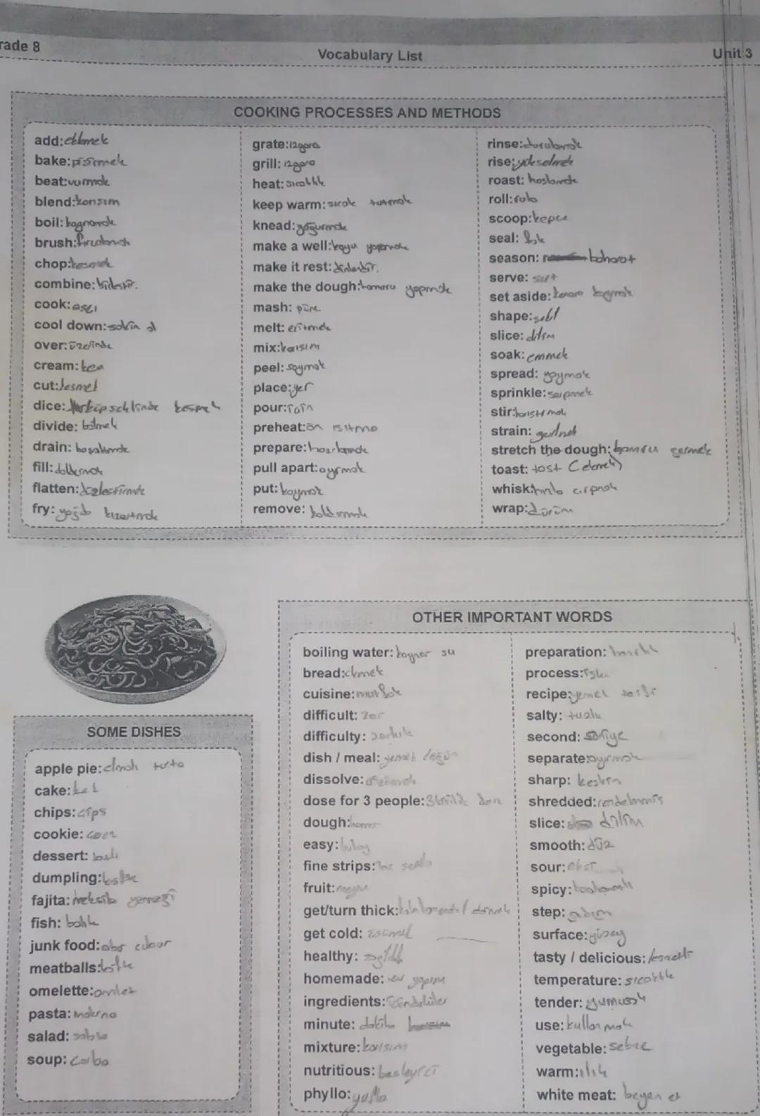 rade 8
Vocabulary List
add:eklemek
bake:pisomek
beat:vurmak
blend:konsum
boil: bagnaroke
brush:fron
chop:kesmek
combine: bestir.
cookies
coo