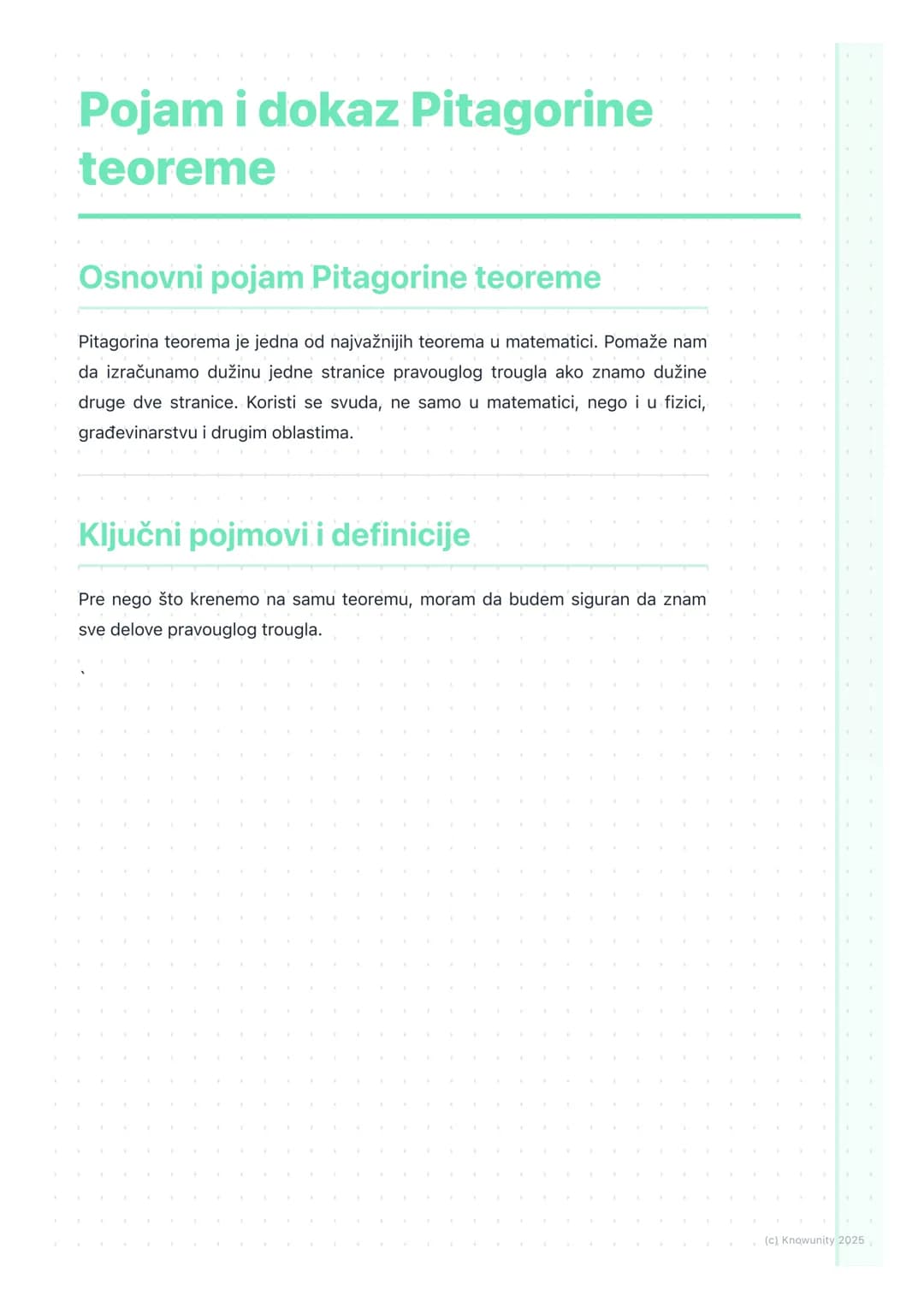 # Pojam i dokaz Pitagorine
teoreme
## Osnovni pojam Pitagorine teoreme
Pitagorina teorema je jedna od najvažnijih teorema u matematici. Po