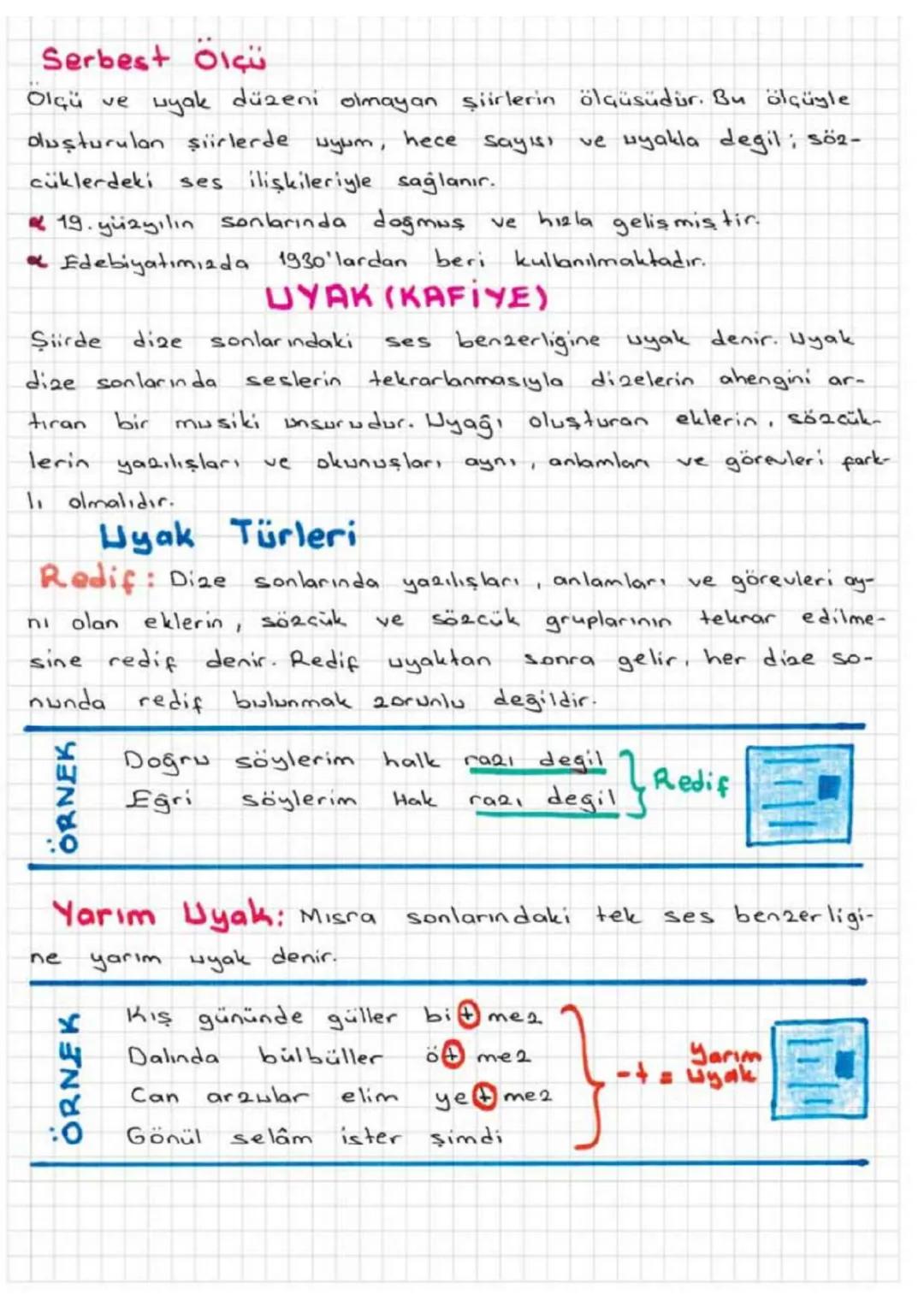 ne
Serbest Ölçü
Olçü ve uyak düzeni olmayan şiirlerin ölçüsüdür. Bu ölçüyle
oluşturulan şiirlerde wywm,
hece sayısı
ve yakla degil; söz-
cük
