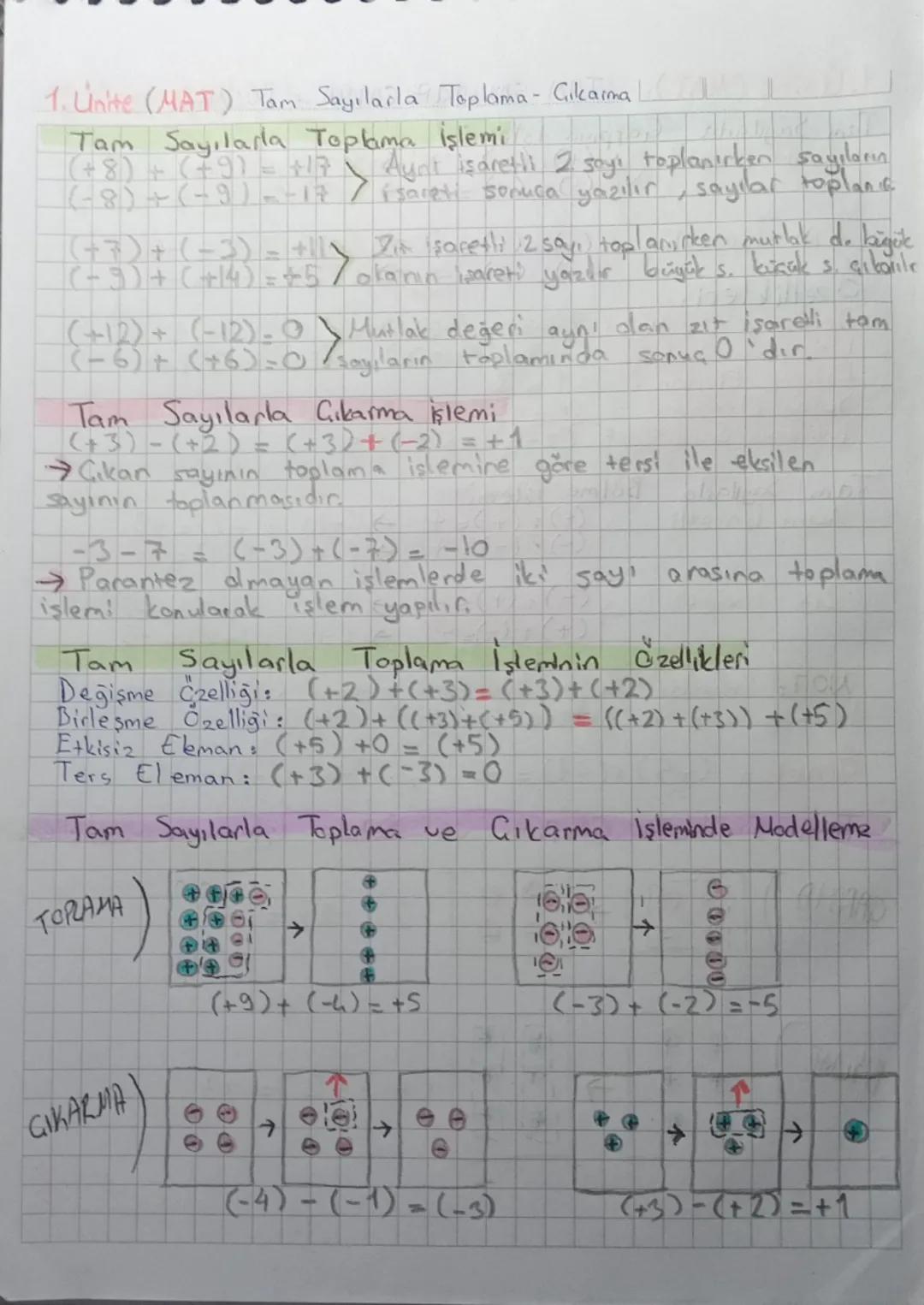 1. Unite (MAT) Tam Sayılarla Toplama - Gikarma
Tam Sayılarla Toplama işlemi
(+8) + (+9)= +17 Aunt işaretli 2 soyi toplanırken sayıların
(-8)