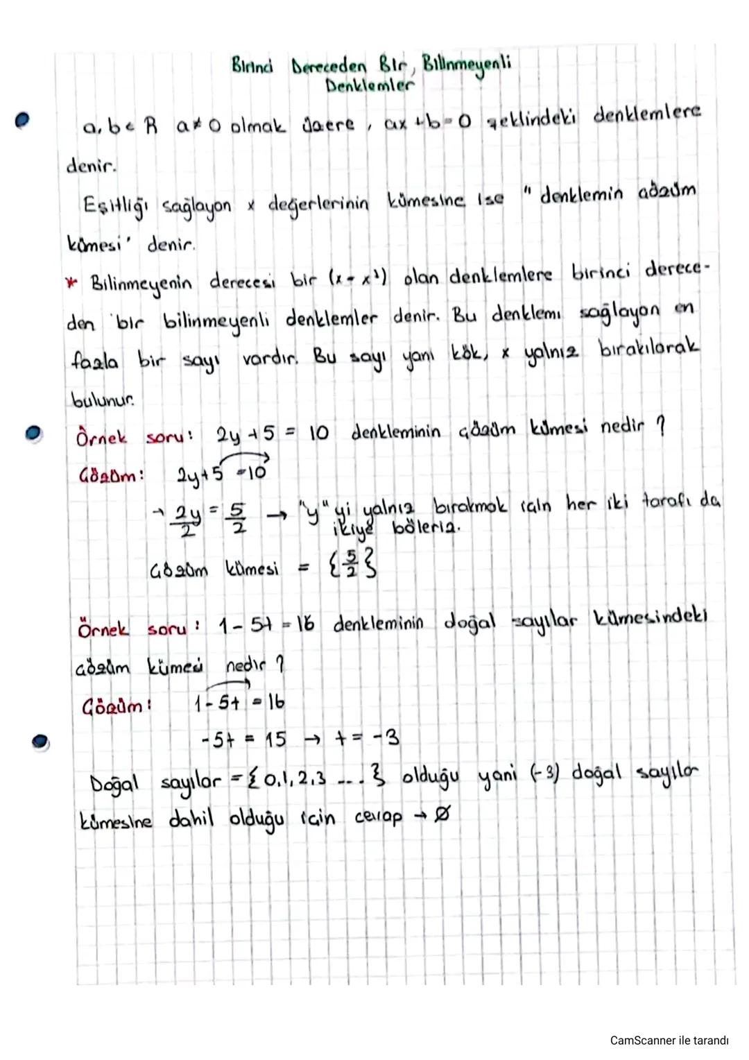# Birinci Dereceden Bir, Bilinmeyenli
Denklemler
a, be R a≠o olmak Jaere, ax+b-0 geklindeki denklemlere
denir.
Eşitliğı sağlayon x değerle