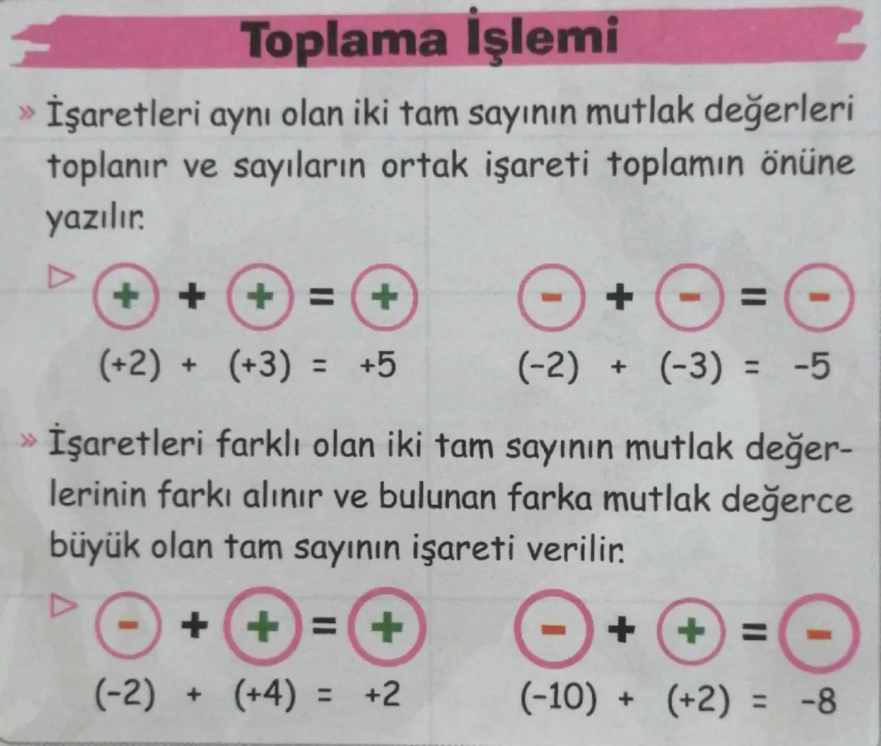 Toplama İşlemi
» İşaretleri aynı olan iki tam sayının mutlak değerleri
toplanır ve sayıların ortak işareti toplamın önüne
yazılır.
++ (+)= +