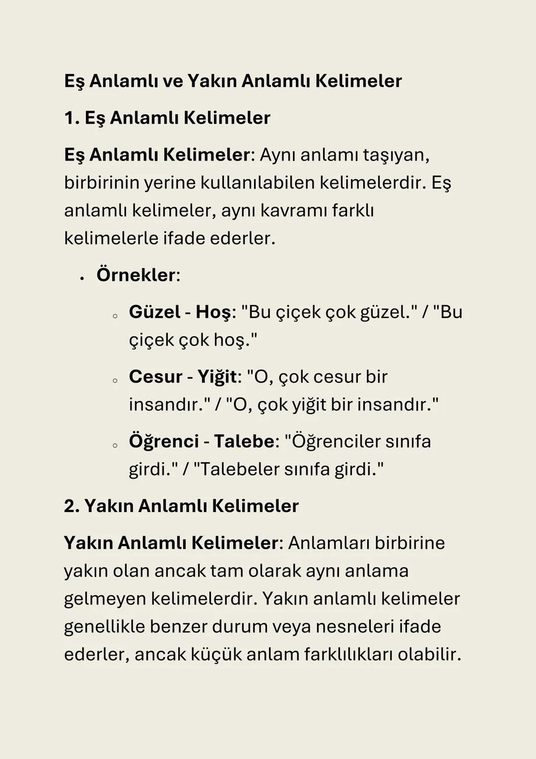 Eş Anlamlı ve Yakın Anlamlı Kelimeler
1. Eş Anlamlı Kelimeler
Eş Anlamlı Kelimeler: Aynı anlamı taşıyan,
birbirinin yerine kullanılabilen ke