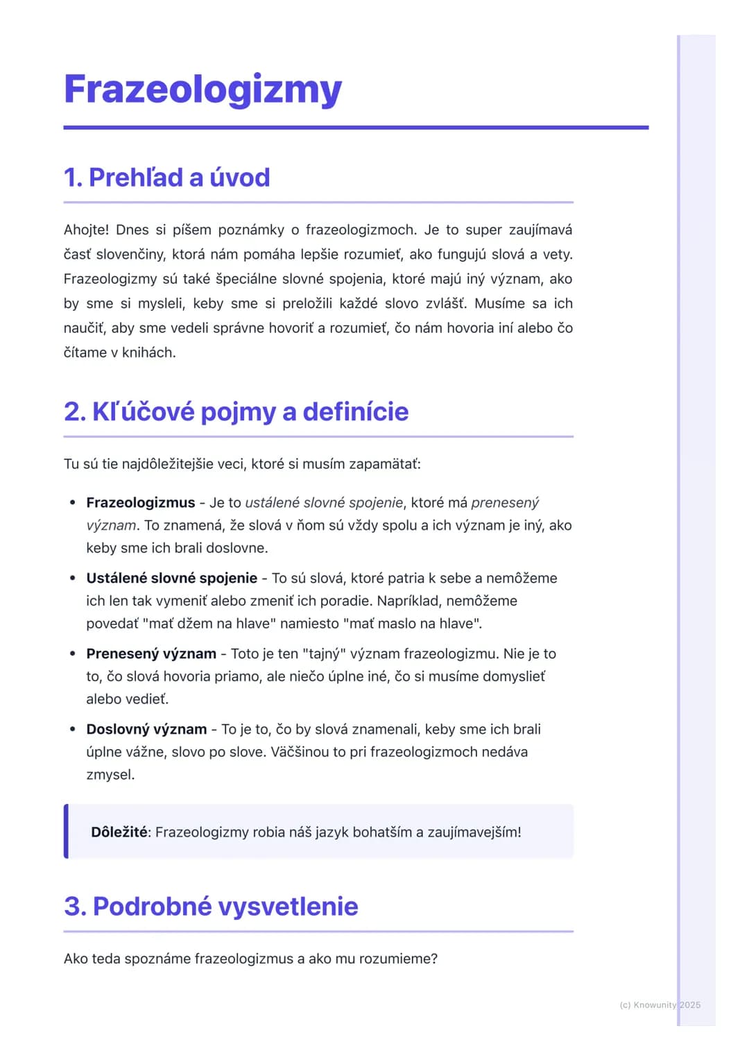 # Frazeologizmy
1. Prehľad a úvod
Ahojte! Dnes si píšem poznámky o frazeologizmoch. Je to super zaujímavá
časť slovenčiny, ktorá nám pomáh