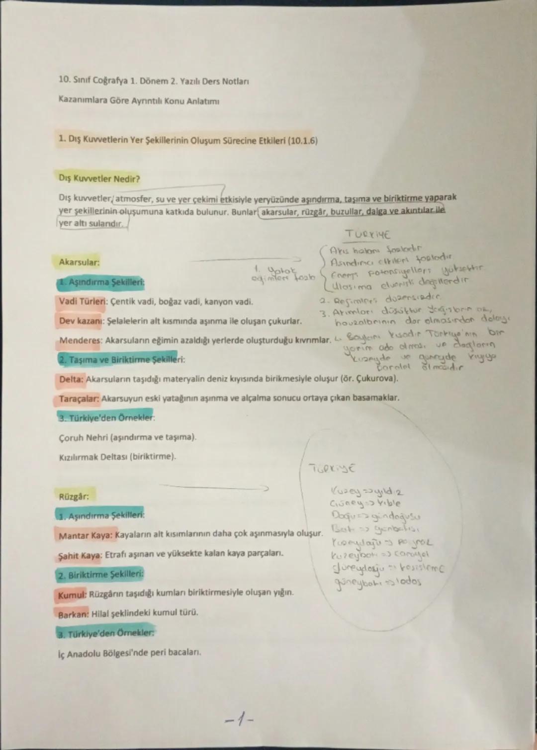 10. Sınıf Coğrafya 1. Dönem 2.Yazılı Ders Notları
Kazanımlara Göre Ayrıntılı Konu Anlatımı
1. Diş Kuvvetlerin Yer Şekillerinin Oluşum Süreci
