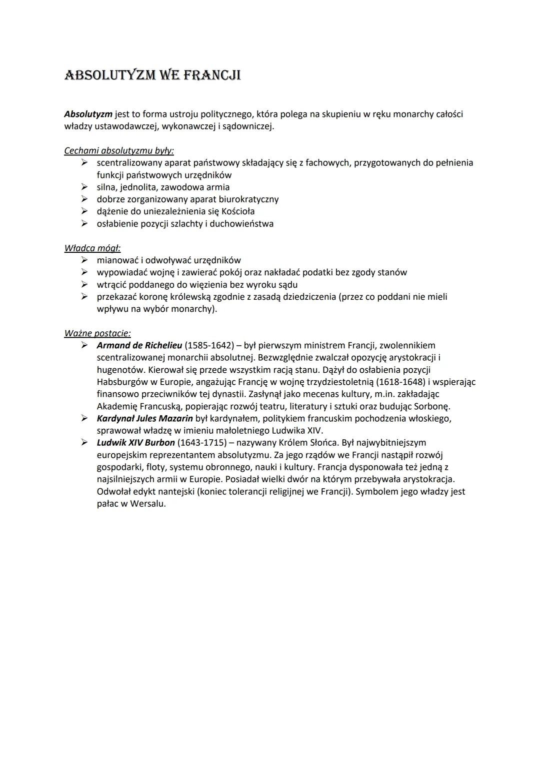 # ABSOLUTYZM WE FRANCJI
Absolutyzm jest to forma ustroju politycznego, która polega na skupieniu w ręku monarchy całości
władzy ustawodawcz