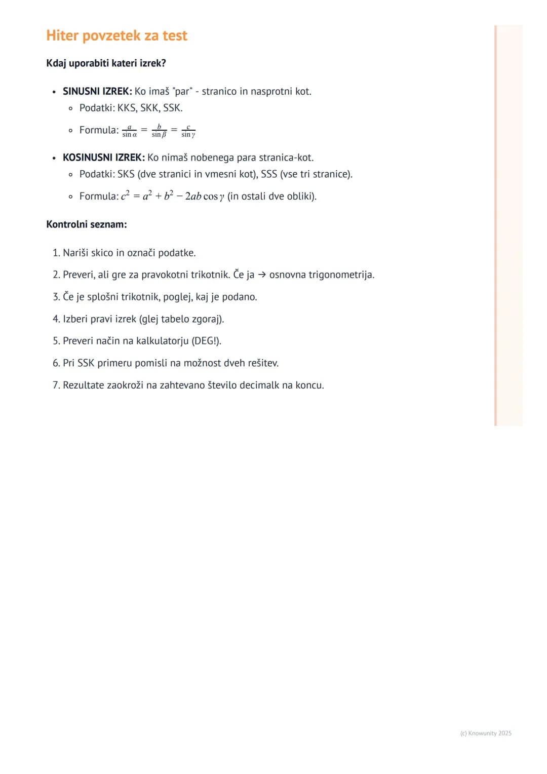 # Uporaba trigonometrije (sinusni in
kosinusni izrek)
Uvod v sinusni in kosinusni izrek
To sta dva ključna izreka v trigonometriji, ki ju