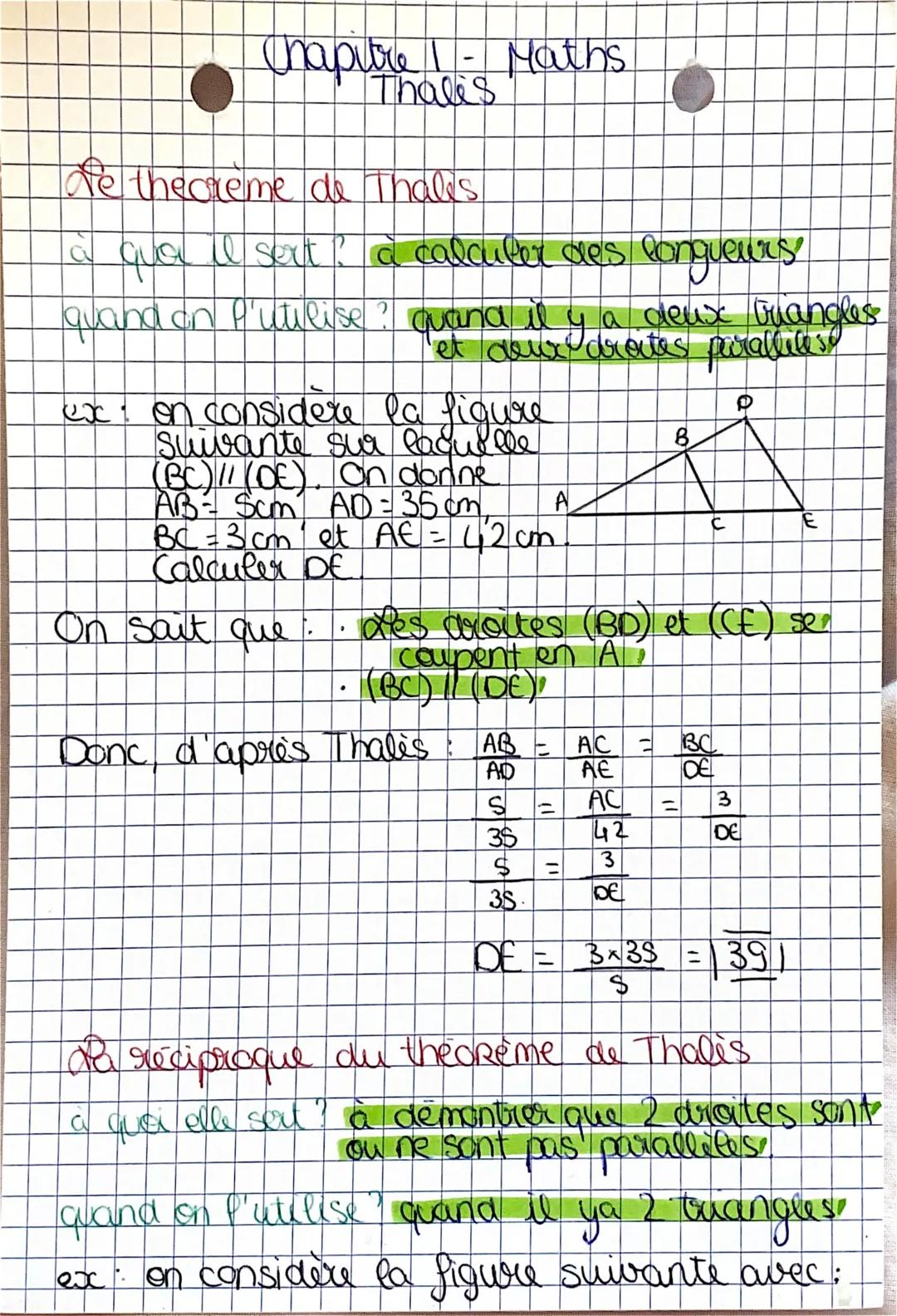 # Chapitre I- Maths
Thales
Ne the creme de Thales
à qua I sext? à calculer des longueurs
quand on l'utilise ? quand il y a deux
ex
Tet a