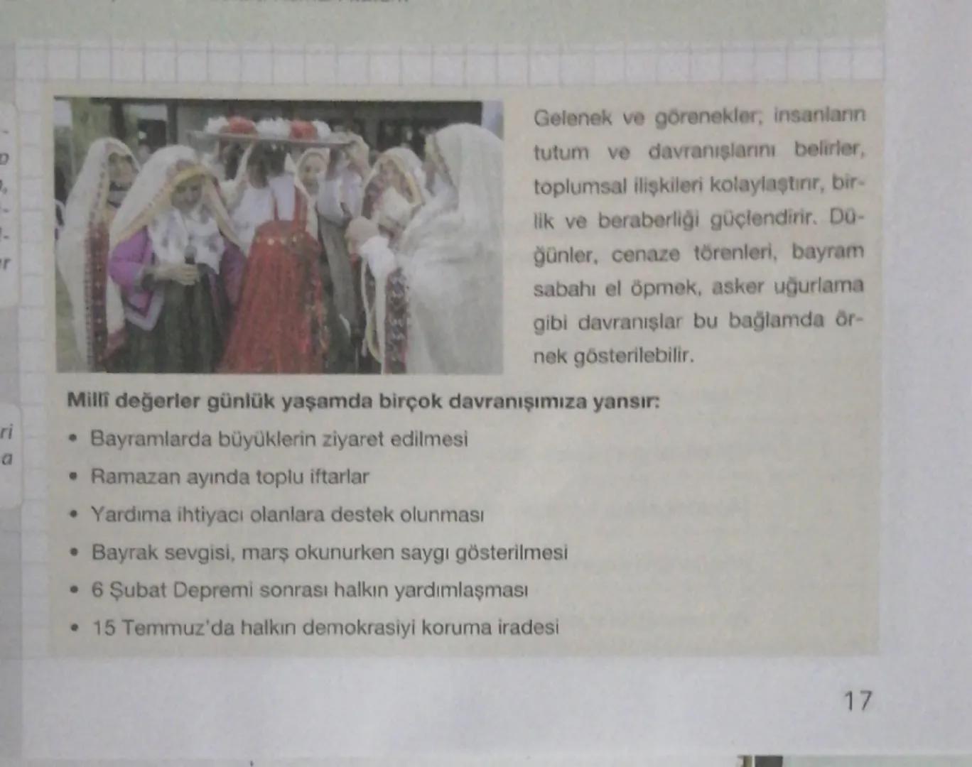 Gelenek ve görenekler, insanların
tutum ve davranışlarını belirler,
toplumsal ilişkileri kolaylaştırır, bir-
lik ve beraberliği güçlendirir.