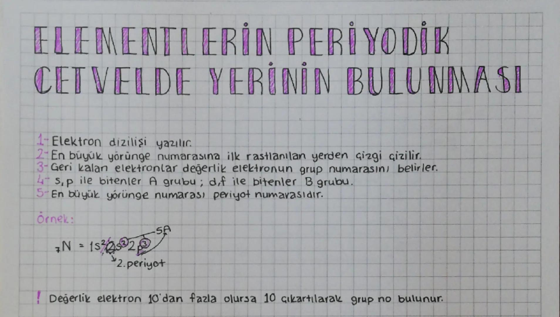 ELEMENTLERİN PERİYODİK
CETVELDE YERİNİN BULUNMASI
1-Elektron dizilişi yazılır.
2 En büyük yörünge numarasına ilk rastlanılan yerden çizgi çi