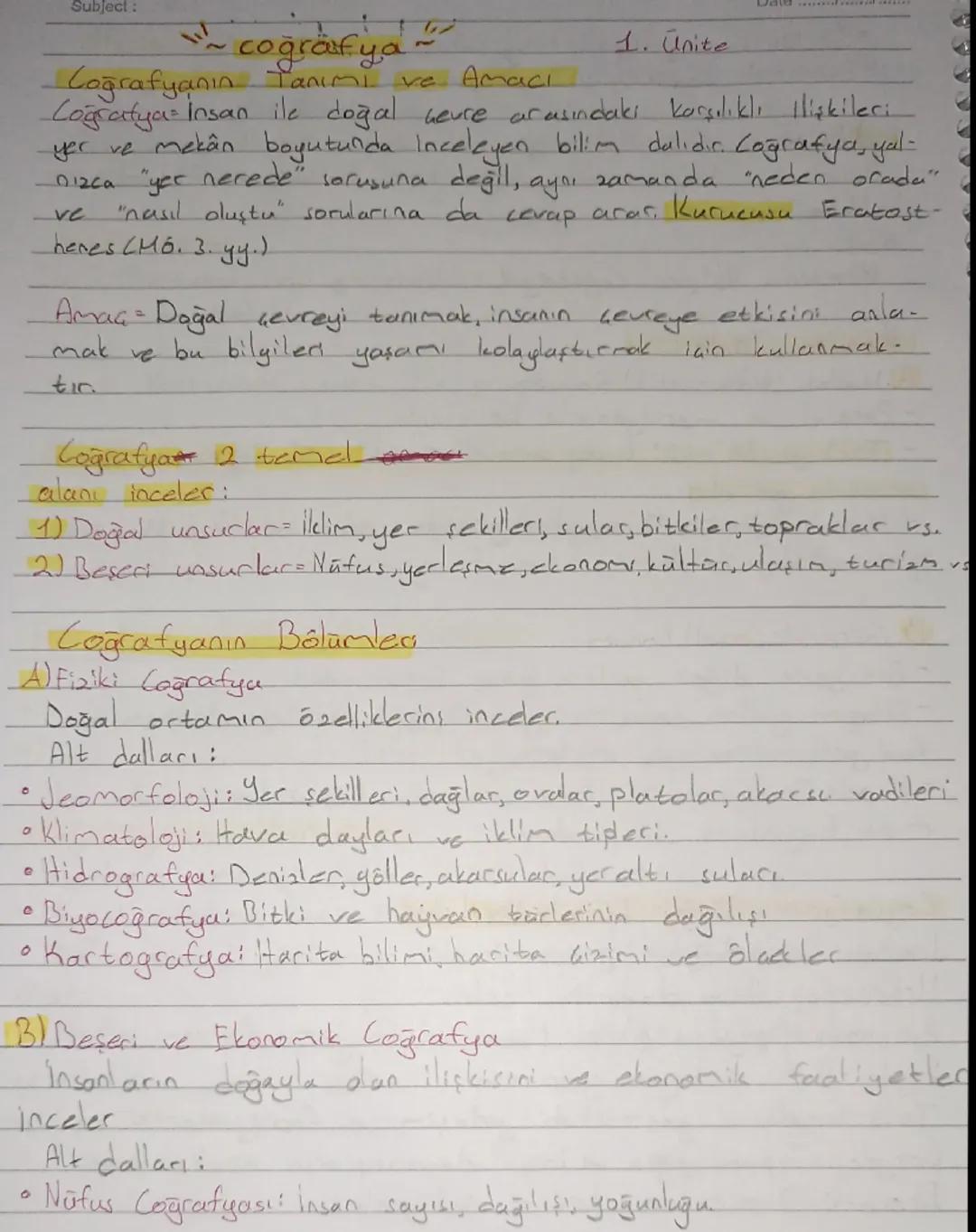 Subject:
~ cografya ~
1. Unite
Coğrafyanın Tanımı ve Amacı
Coğrafya Insan ile doğal heure arasındakı karşılıklı ilişkileri
yer ve mekân boy