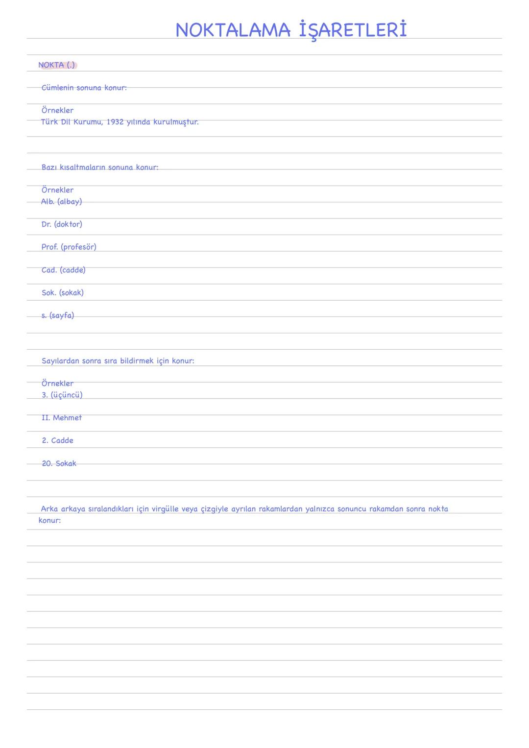 NOKTALAMA İŞARETLERİ
NOKTA (.)
Cümlenin sonuna konur:
Örnekler
Türk Dil Kurumu, 1932 yılında kurulmuştur.
Bazı kısaltmaların sonuna konur:
Ö