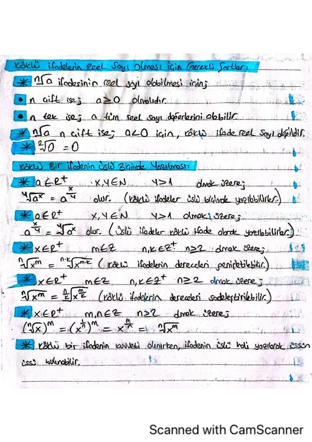 Köklü ifadelerin Reel Say Olmest için Gerekli Şartlar:
* na ifadesinin reel styl obbilmesi içing
n Gift ise; a≥o olmalıdır.
In tex ise; a ti