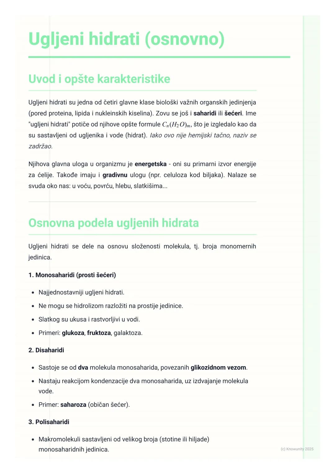 # Ugljeni hidrati (osnovno)
## Uvod i opšte karakteristike
Ugljeni hidrati su jedna od četiri glavne klase biološki važnih organskih jedin