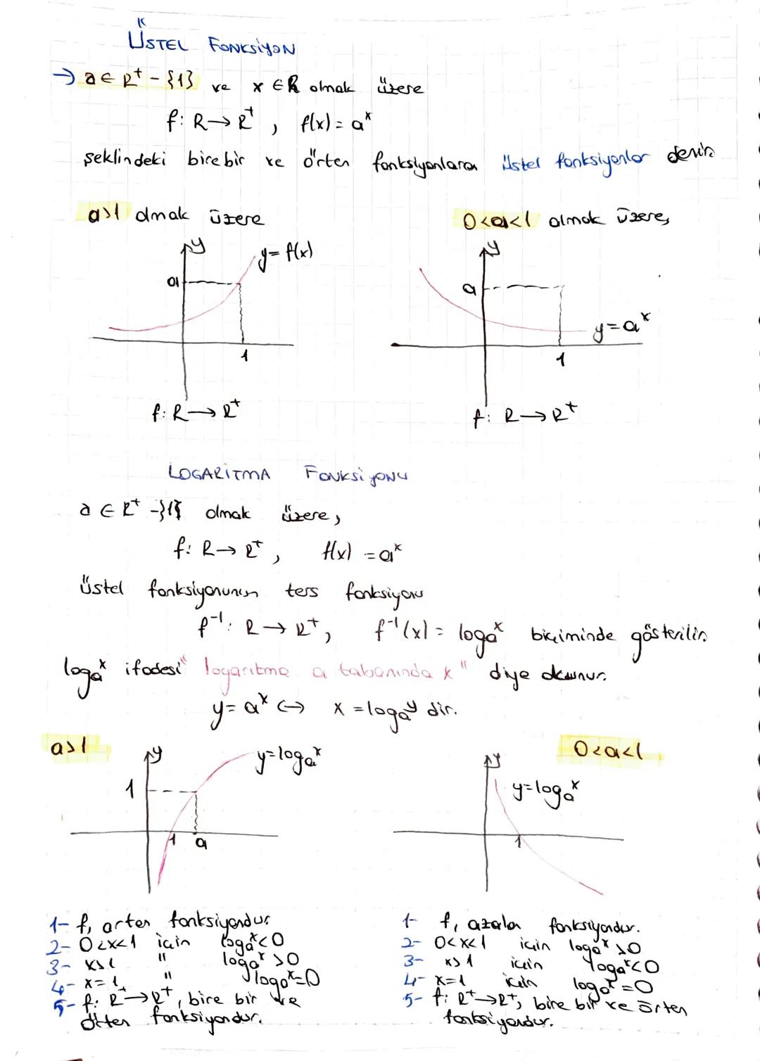 K
USTEL FONKSİYON
→ER+ -{1}
ve
X ER olmak
üzere
f: R→ Rt, f(x) = a*
şeklindeki bire bir
all dmak üzere
이
xc orten fonksiyonlara üstel fonksi