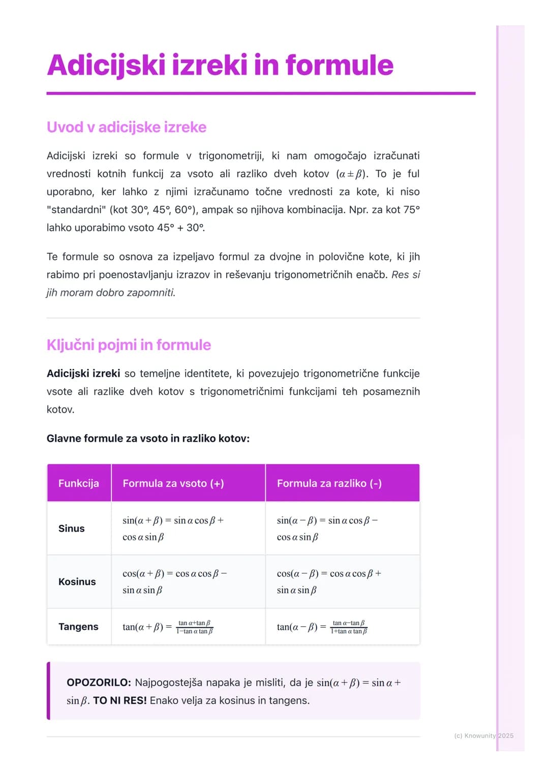 # Adicijski izreki in formule
Uvod v adicijske izreke
Adicijski izreki so formule v trigonometriji, ki nam omogočajo izračunati
vrednosti
