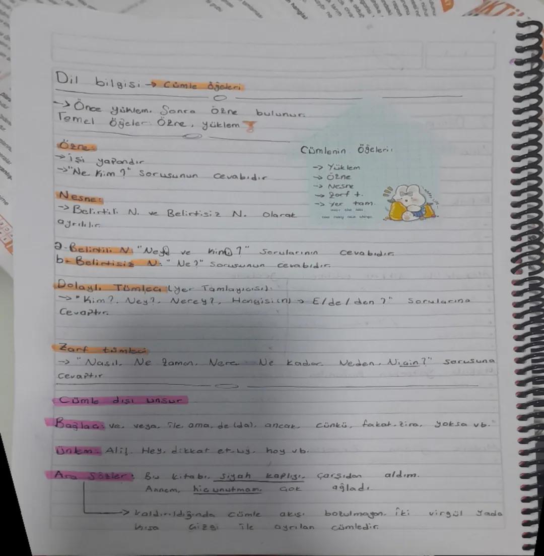 # Dil bilgisi Cümle öğeleri
-> Önce yüklem. Sonra Özre bulunur.
Temel Öğeler Özre, yüklem
## Özne
->işi yapandır
->"Ne kim?" sorusunun Cev