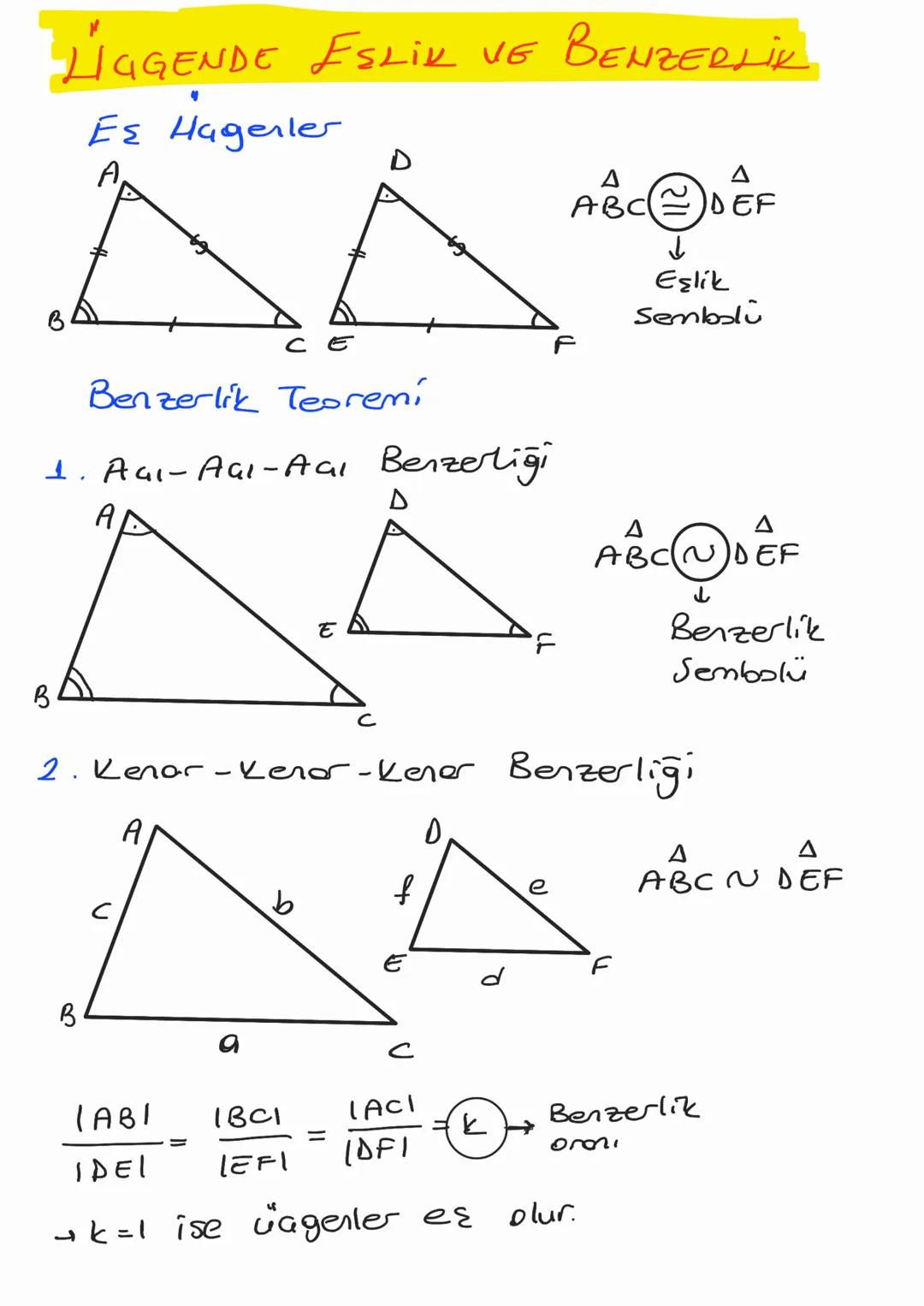 # LIGGENDE ESLİK VE BENZERLİK
## Eş Hagerler
A
D
B
C
E
F
$\triangle$
$\triangle$
ABC$\cong$DEF
↓
Eşlik
Sembalu
## Benzerlik Teoremi
