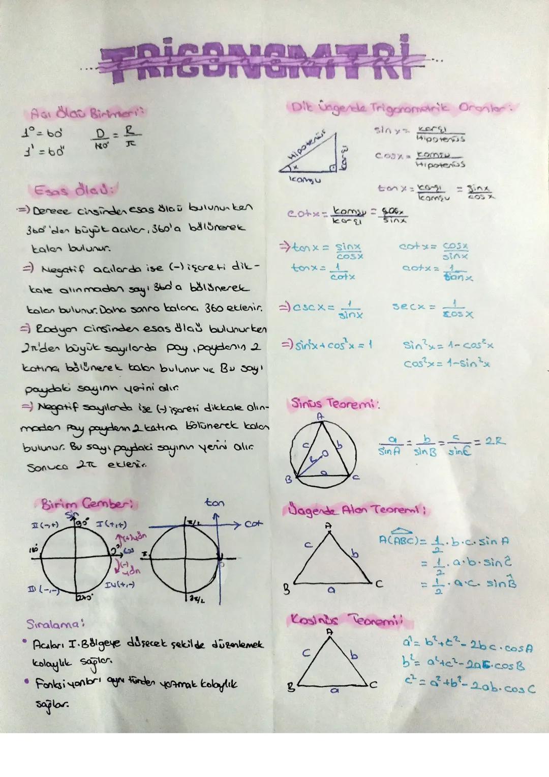 # FRIGONOIATRI
Açı Ölau Birmeri
$1°=60' \frac{D}{180} = \frac{R}{\pi}$
$3'=60''$
Esas diad:
=) Denece cinsinden esas ölçü bulunurken
36