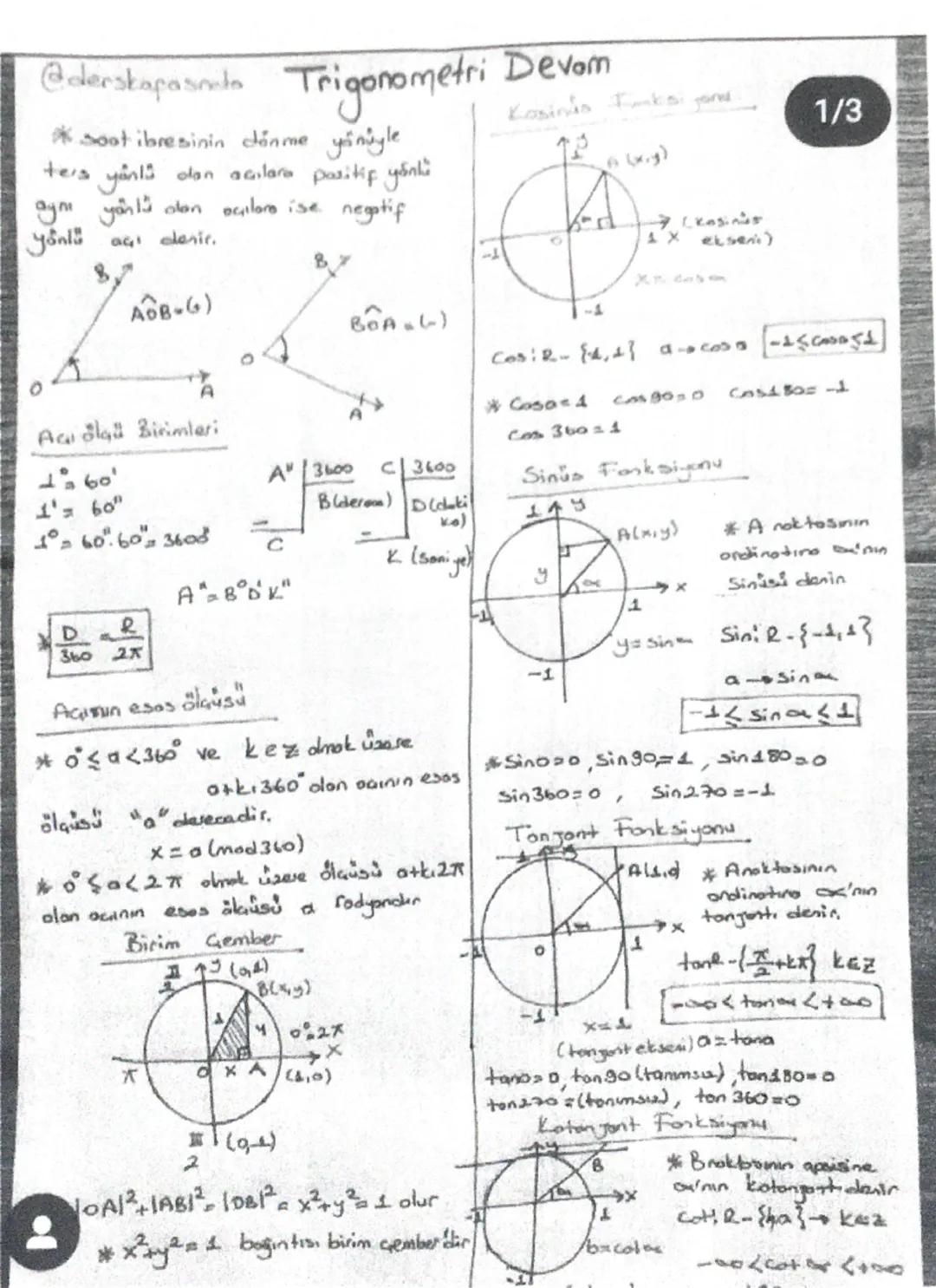 # Trigonometrik
Ozdeşlikler:
$\\frac{cosx}{Sinx} = cotx$
$\\frac{Sinx}{COSX} = tanx$ @yksonline
tanx.cotx=1
Sin²x + cos²x = 1
$\\frac{1}{Sin