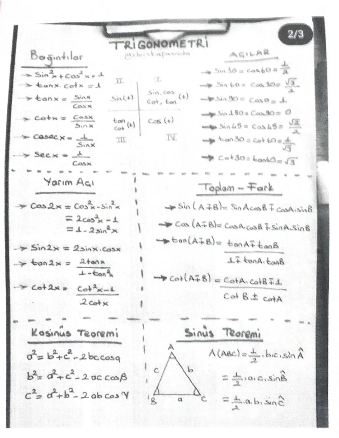 # Trigonometrik
Ozdeşlikler:
$\\frac{cosx}{Sinx} = cotx$
$\\frac{Sinx}{COSX} = tanx$ @yksonline
tanx.cotx=1
Sin²x + cos²x = 1
$\\frac{1}{Sin