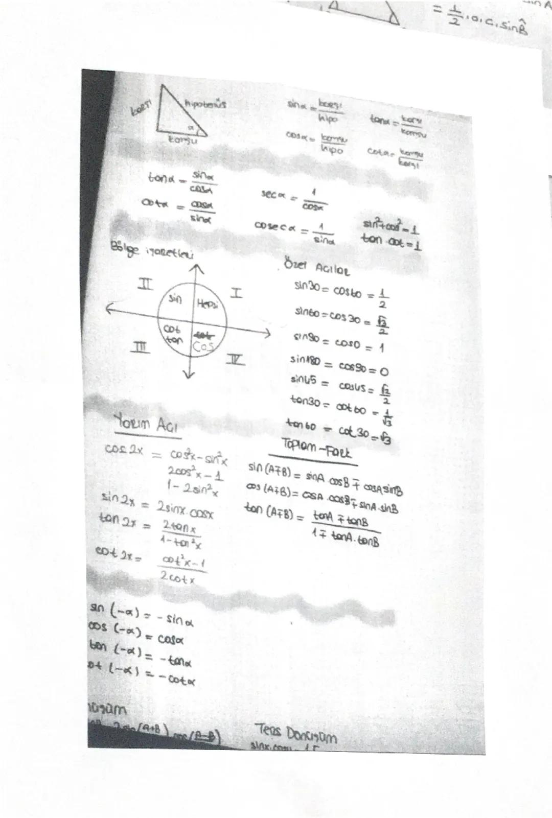 # Trigonometrik
Ozdeşlikler:
$\\frac{cosx}{Sinx} = cotx$
$\\frac{Sinx}{COSX} = tanx$ @yksonline
tanx.cotx=1
Sin²x + cos²x = 1
$\\frac{1}{Sin