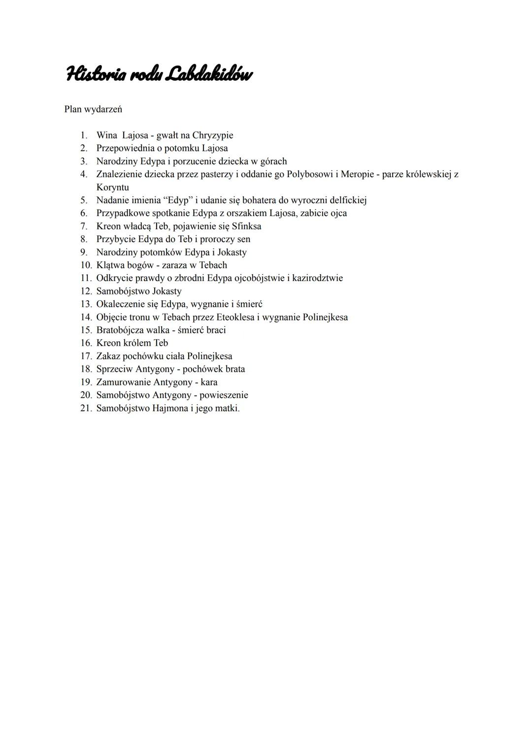 # Historia rodu Labdakidów
Plan wydarzeń
1. Wina Lajosa - gwałt na Chryzypie
2. Przepowiednia o potomku Lajosa
3. Narodziny Edypa i porzuc