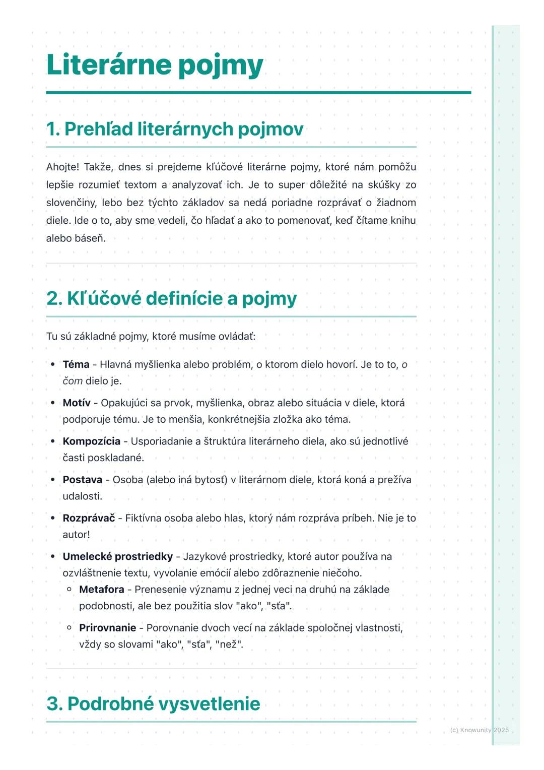 # Literárne pojmy
## 1. Prehľad literárnych pojmov
Ahojte! Takže, dnes si prejdeme kľúčové literárne pojmy, ktoré nám pomôžu
lepšie rozumi
