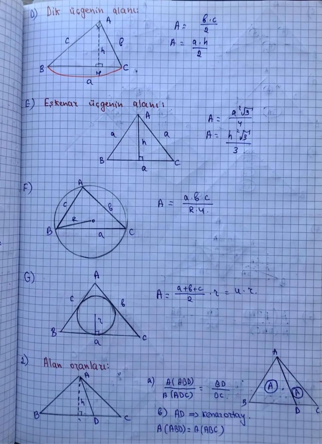 Ürgende alan.
1) Alan formülleri!
A)
A=
$A = \frac{a.ha}{2} = \frac{1}{2} a.ha = \frac{1}{2} b.hb. = \frac{1}{2} C.he$
B
a
C
B)
A
C