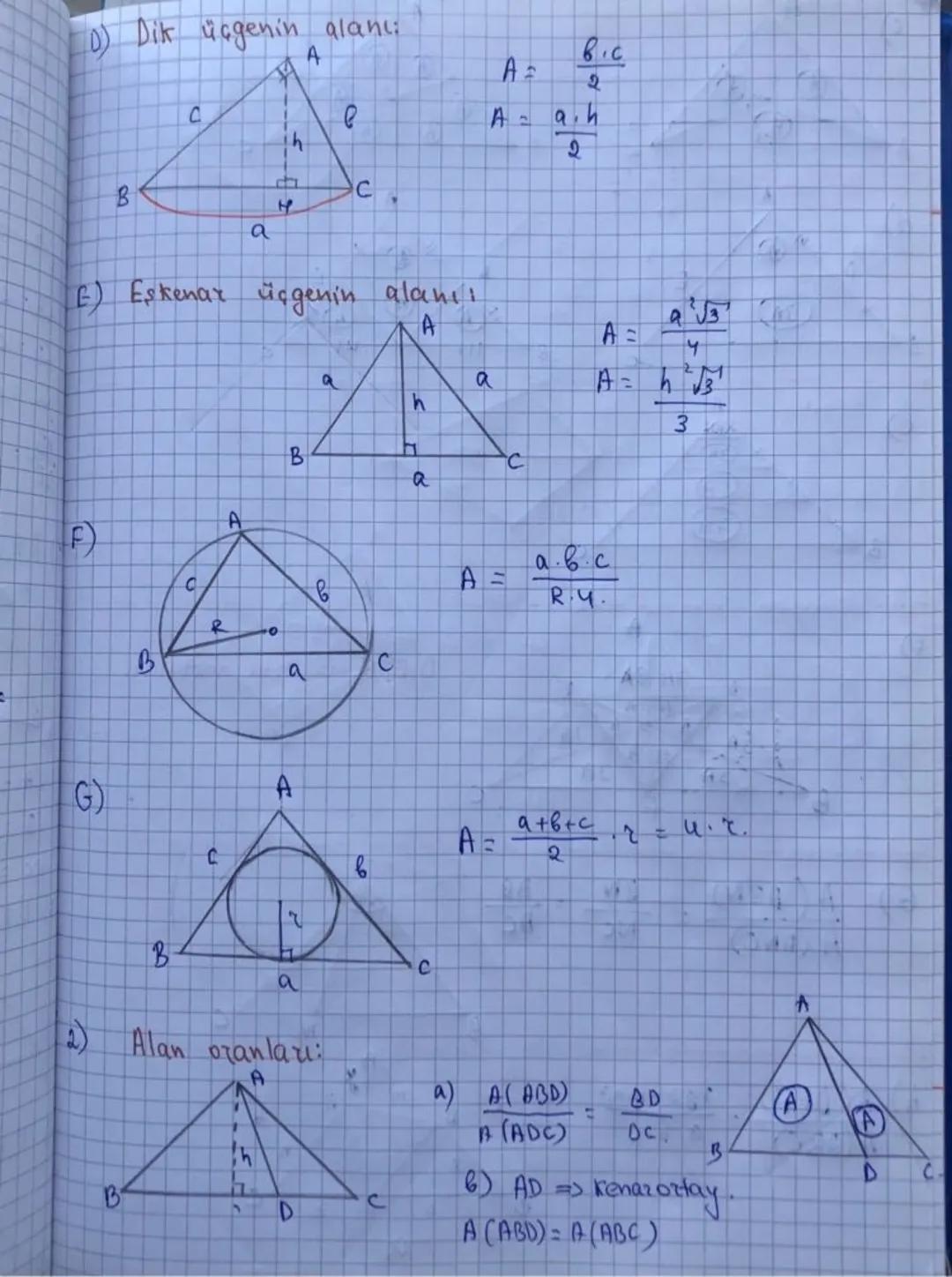 Ürgende alan.
1) Alan formülleri!
A)
A=
$A = \frac{a.ha}{2} = \frac{1}{2} a.ha = \frac{1}{2} b.hb. = \frac{1}{2} C.he$
B
a
C
B)
A
C